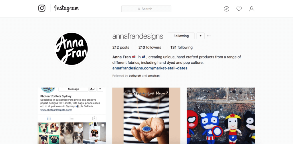 Anna Fran Designs' Instagram page