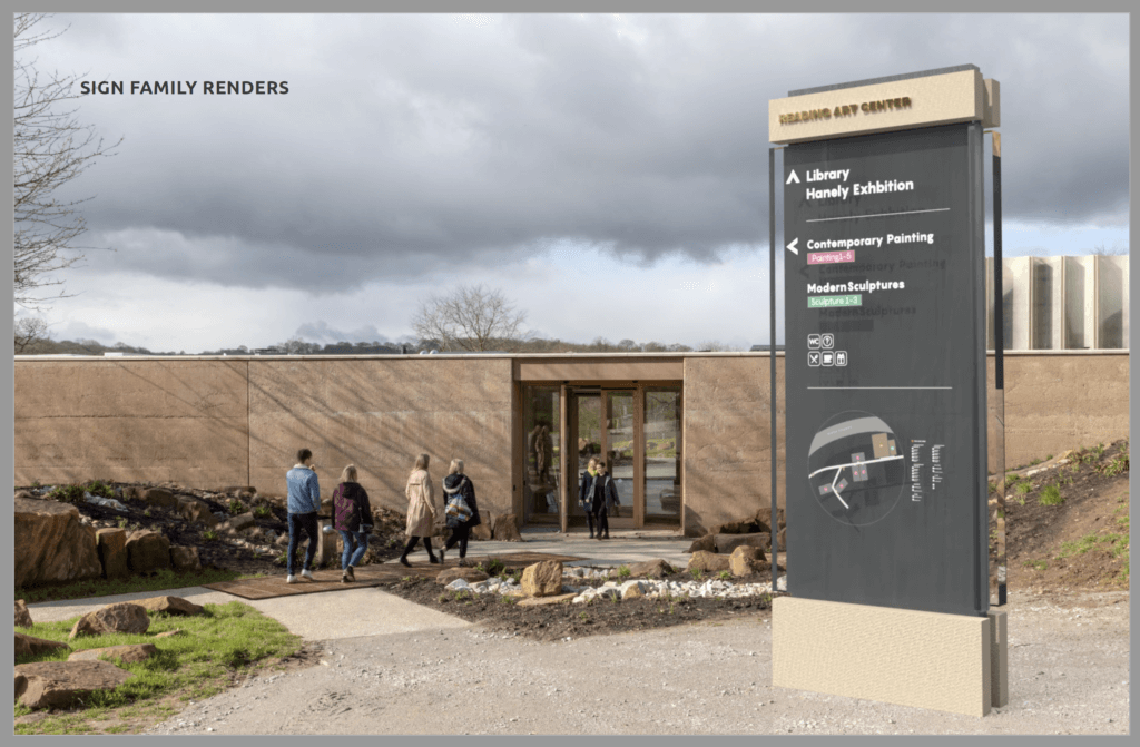 Photographic mockup of outdoor wayfinding sign near a flat roofed entrance to a building, with people walking towards the entrance.