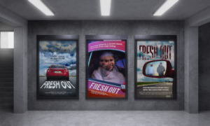 Mock-up of Fresh Out, three poster designs on display 