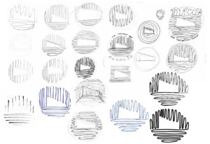 dozens of sketches depicting a logo with vertical and horizontal lines creating the abstract shape of a building