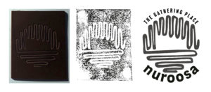Lino cut of logo with digital version of print 