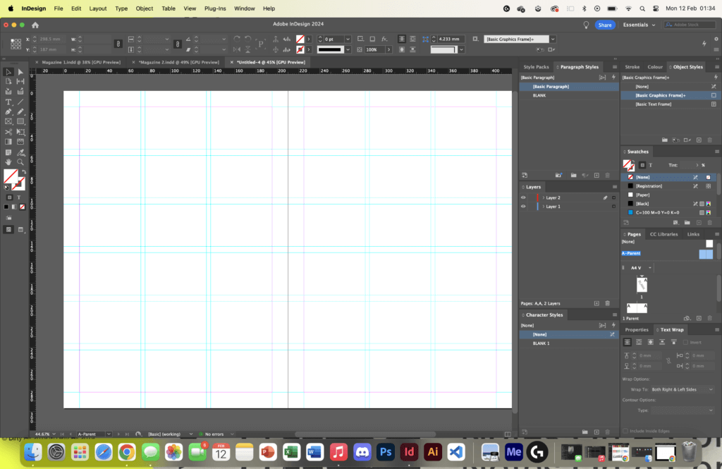 A screenshot demonstrating my process in setting up a three column grid in InDesign