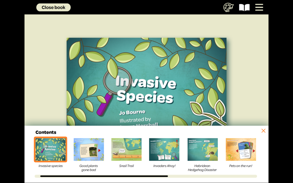 The contents section of Laura's ebook. Illustrated leaves are encroaching on the title 'Invasive Species' to give a sense of the theme of the book. At the bottom of the screen is a menu with thumbnails of the different sections of the book to help readers choose what they would like to read.