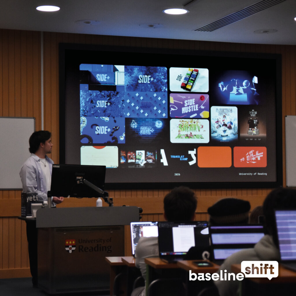 Sammy Rudkin presenting his work with Sidemen for Baseline Shift at University of Reading