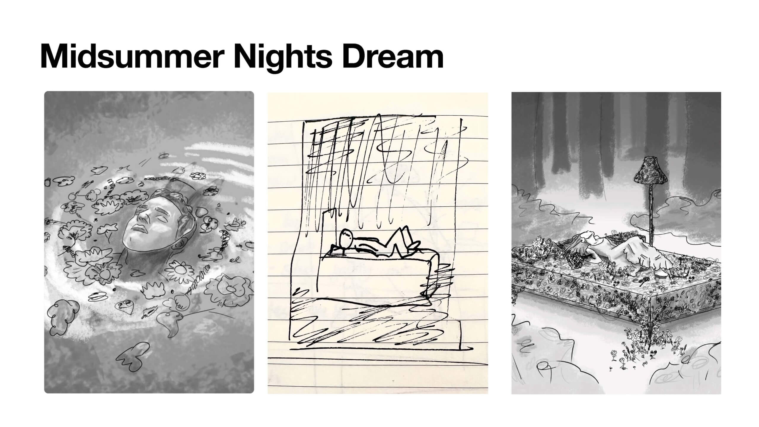 Initial concept sketches for a theatre poster for Midsummer Night’s Dream