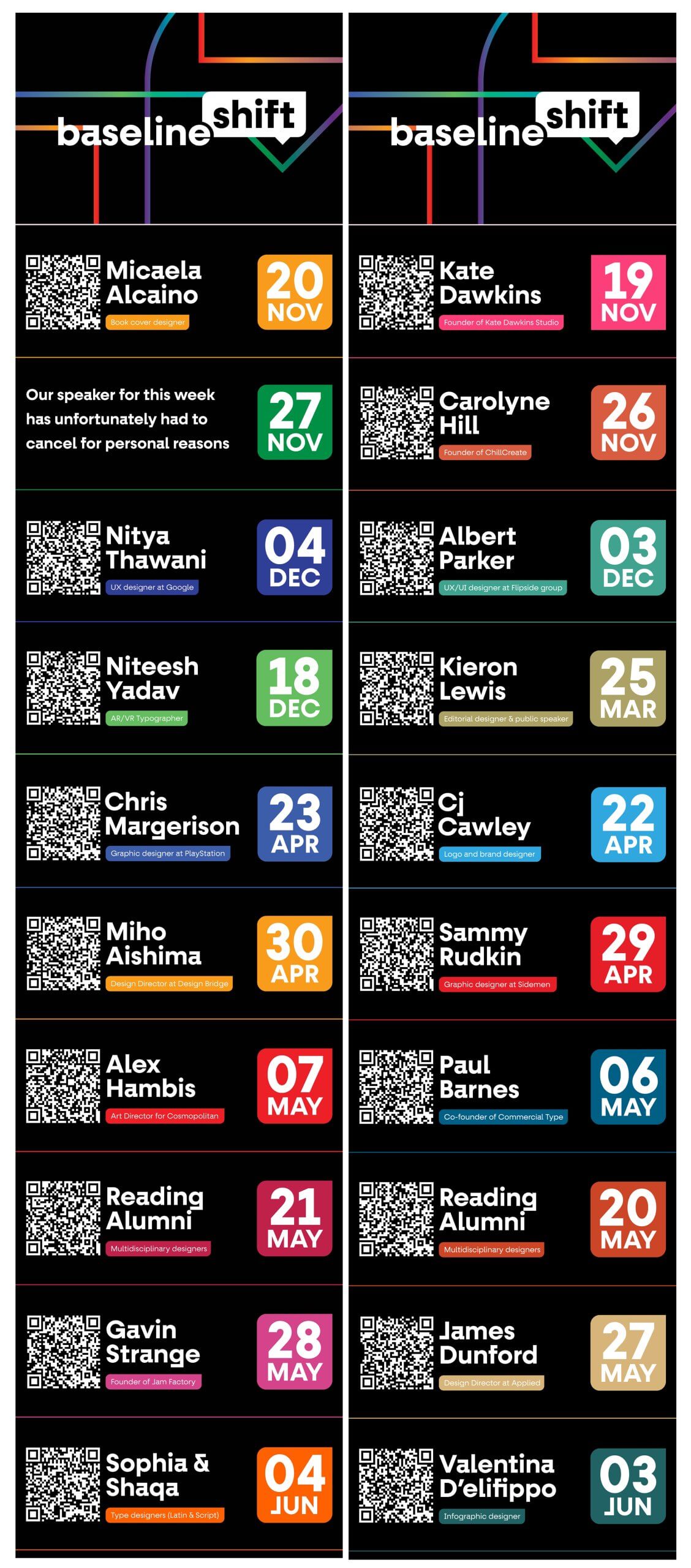 Digital, editable timetable for the Baseline Shift 2024:25 + 2025:26 lineup