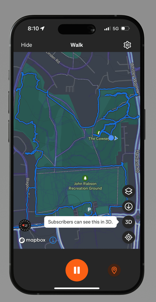 A mockup of a phone with blue highlighted route, showing our use of Strava.